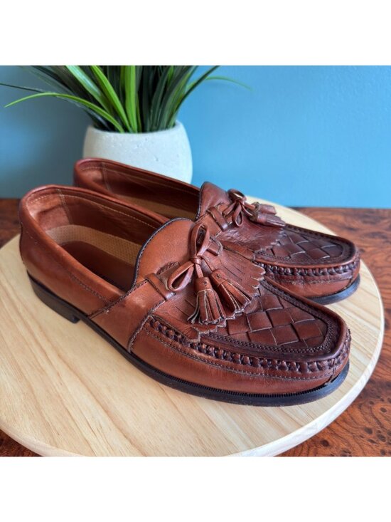 Johnston & Murphy Other - Johnston & Murphy Mens 9.5 Halsey Loafer Woven Leather Tasseled Cognac Brown
